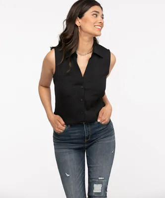 Sleeveless Collared Button Front Blouse