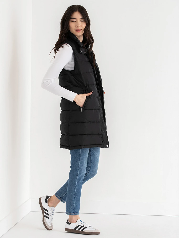 Carlyn Long Puffer Vest with Detachable Hood & Fur Trim