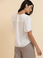 Short Sleeve V-Neck Blouse with Smocked Yoke