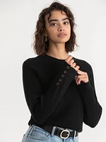 Ribbed Button-Sleeve Sweater