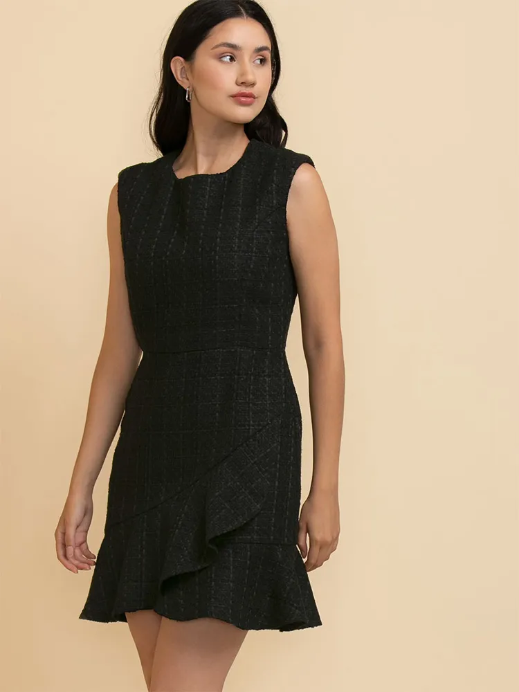 Sleeveless Boucle Dress with Flounce