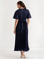 Short Sleeve Pleated Dress with Flutter Sleeves