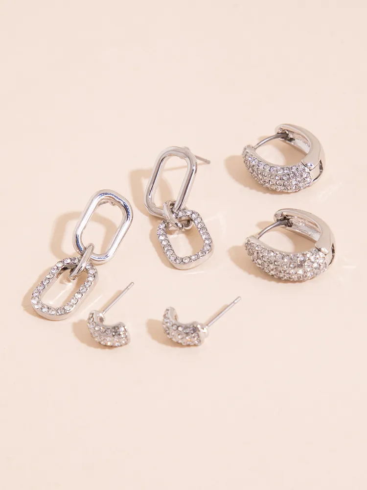 Silver Pave Paperclip + Hoop + Stud Earring Set