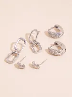 Silver Pave Paperclip + Hoop + Stud Earring Set