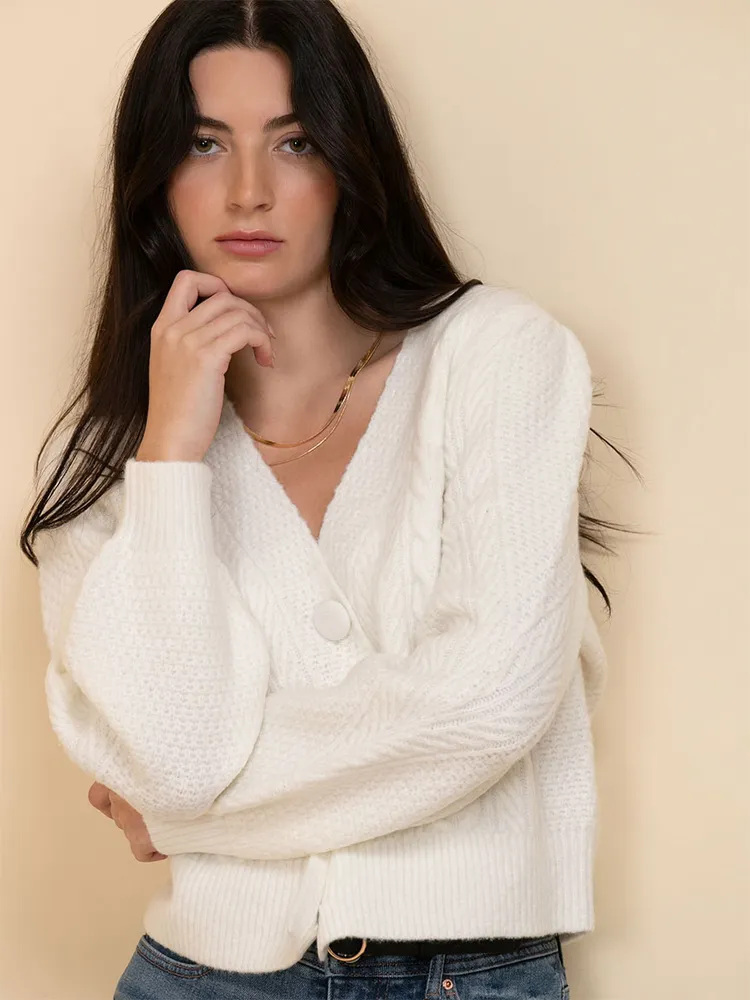 Wool-Blend Pointelle Puff-Sleeve Cardigan