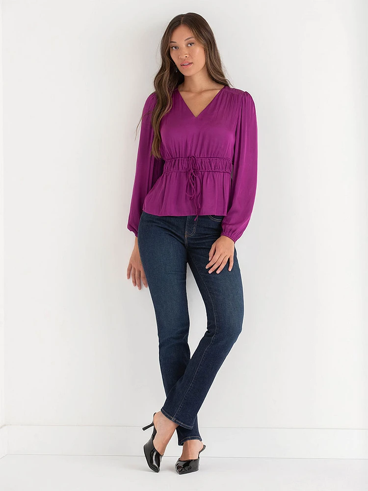 Long Sleeve Charmeuse V-Neck Blouse