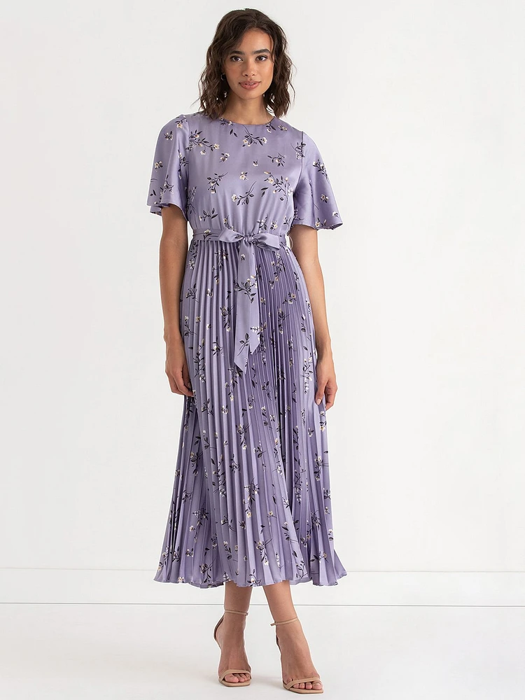 Pleated Dress with Flutter Sleeves