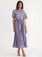 Short Sleeve Pleated Dress with Flutter Sleeves