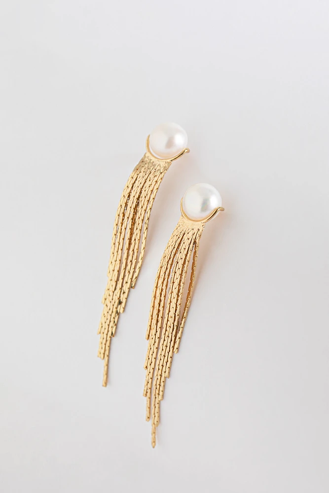 Pearl Earrings with Metal Tassels