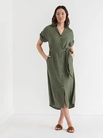 Linen Shirtdress with Roll Sleeves