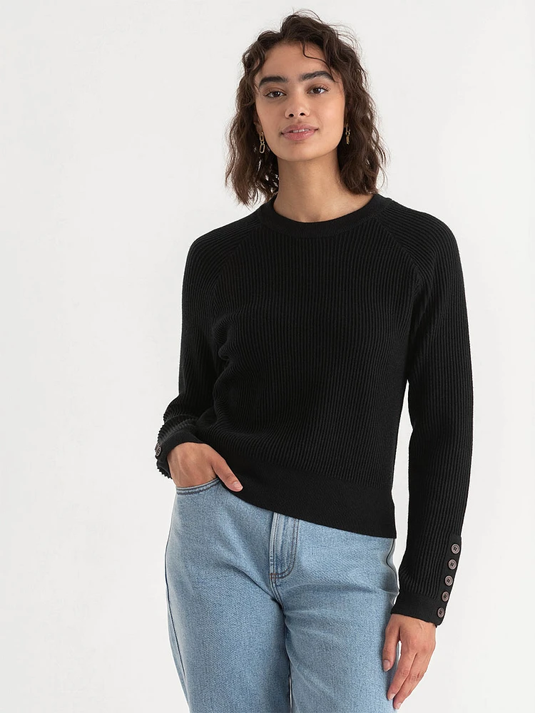 Ribbed Button-Sleeve Sweater