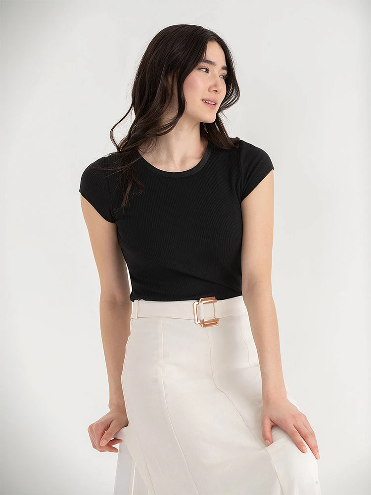 Short Sleeve Rib Tee with Satin Trim