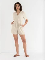 Collared Linen Romper with Drawstring Waist
