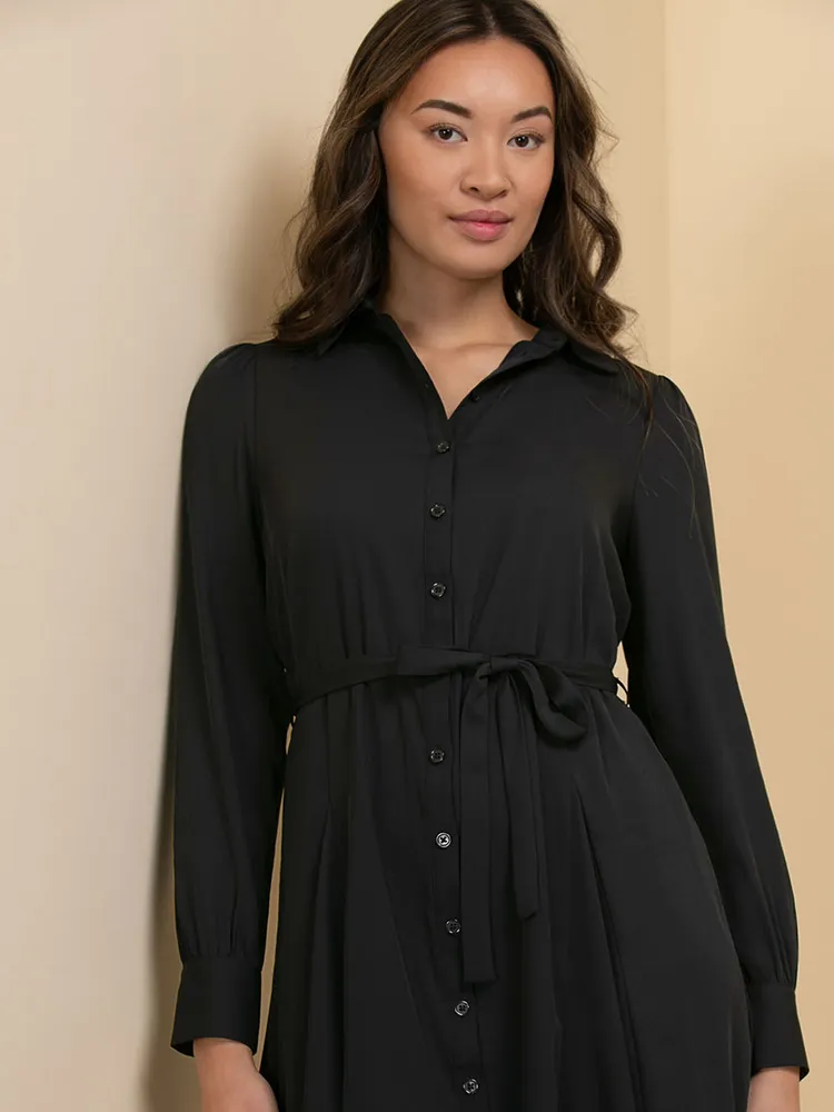 Collared Button-Front Dress with Tie Waist