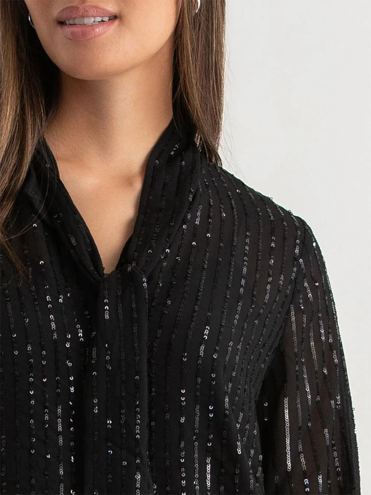 Pinstripe Sequin Blouse with Neck Tie