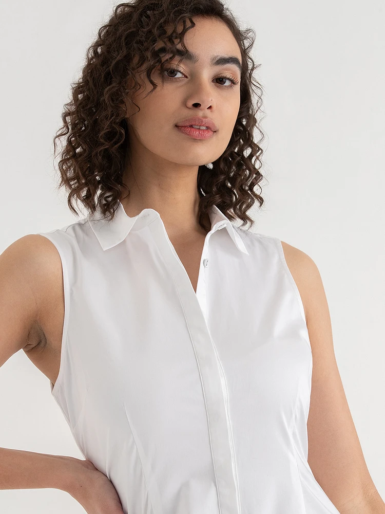 Sleeveless Midi Shirtdress with Back Cutout Luxe Poplin