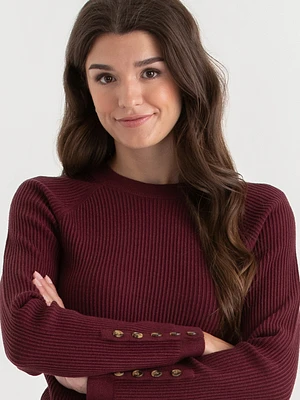 Ribbed Button-Sleeve Sweater