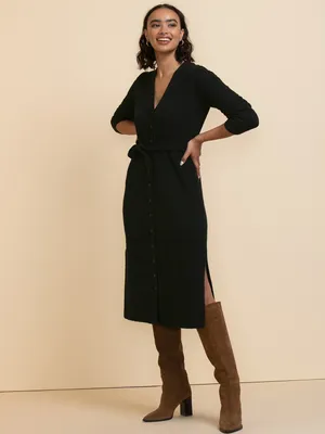 Belted Button-Front Sweater Dress