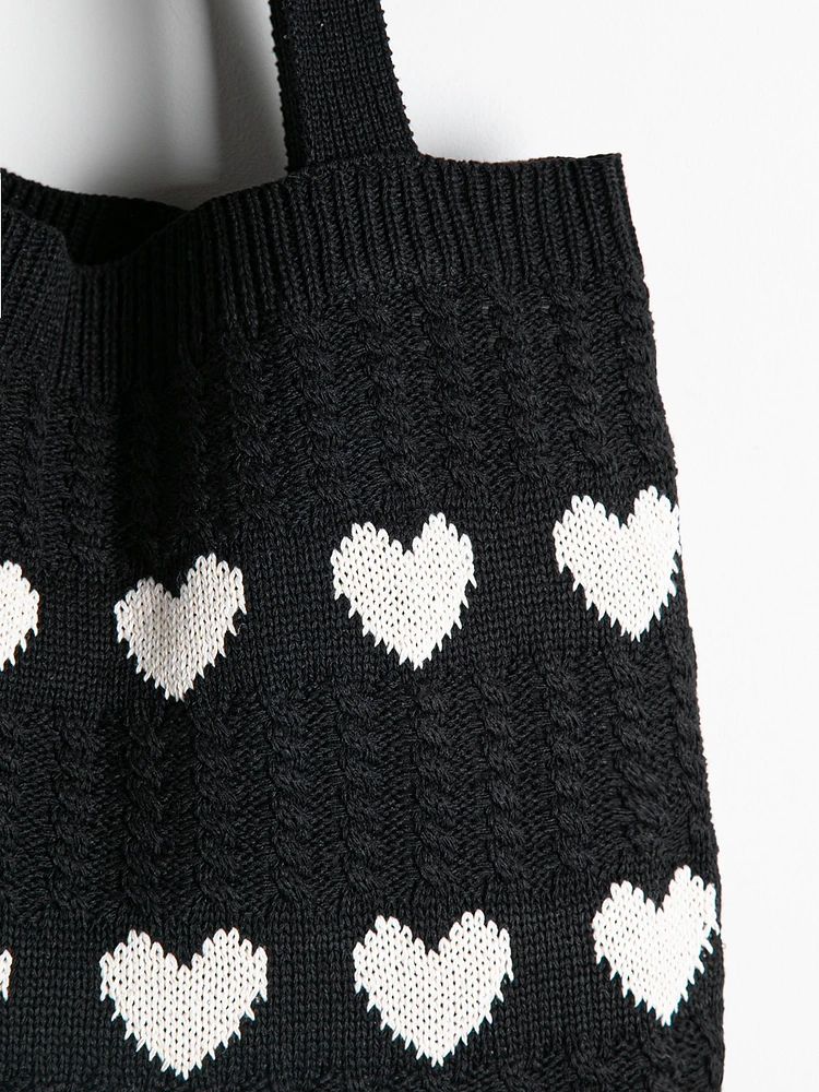 Knit Heart Tote Bag in Black