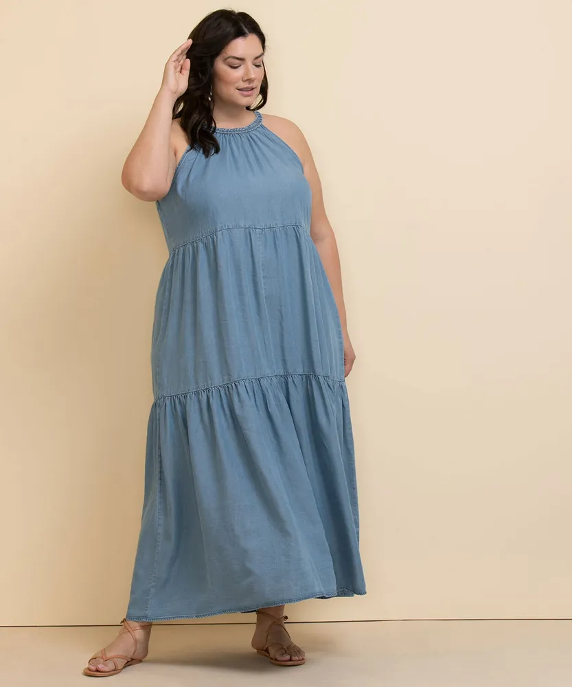 Chambray Braid Halter Maxi Dress