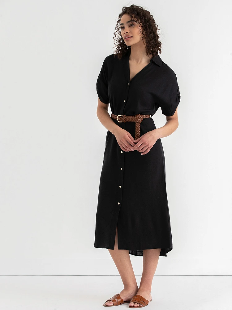 Linen Shirtdress with Roll Sleeves