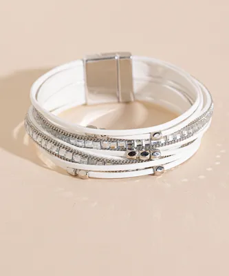 White Snap Bracelet with Silver Gems