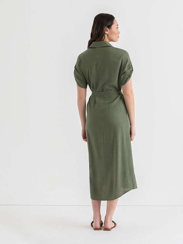 Linen Shirtdress with Roll Sleeves