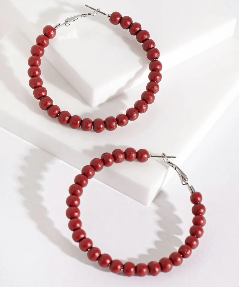 Large Red Beaded Hoop Earrings