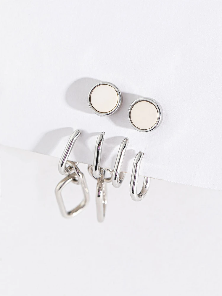 Stud & Paper Clip Huggie, Hoop Earring Trio