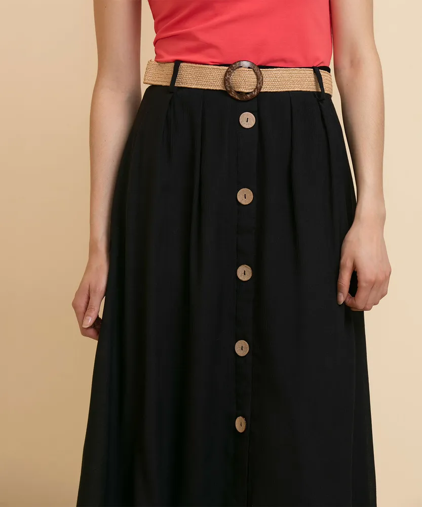 Textured Midi Skirt with Wood Buttons