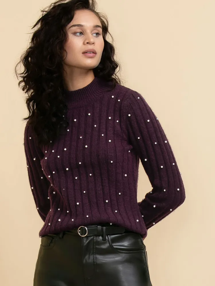 Wool-Blend Mock Neck Pearl Sweater