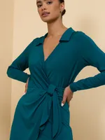 Long Sleeve Collared Wrap Dress