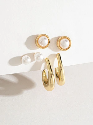 Pearl & Gold Metal Earring Trio Set