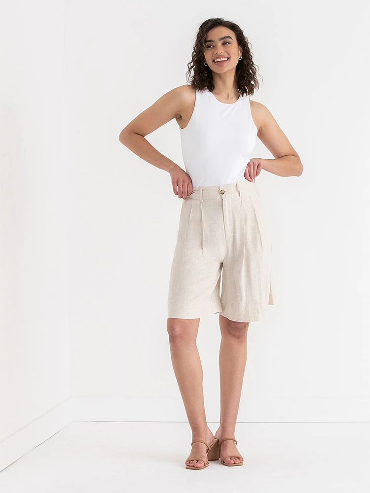 Pleat Front Linen Bermuda Shorts