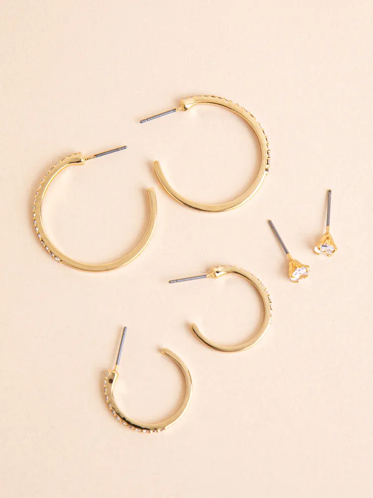 Trio 14K Gold Pavé Hoop Earrings