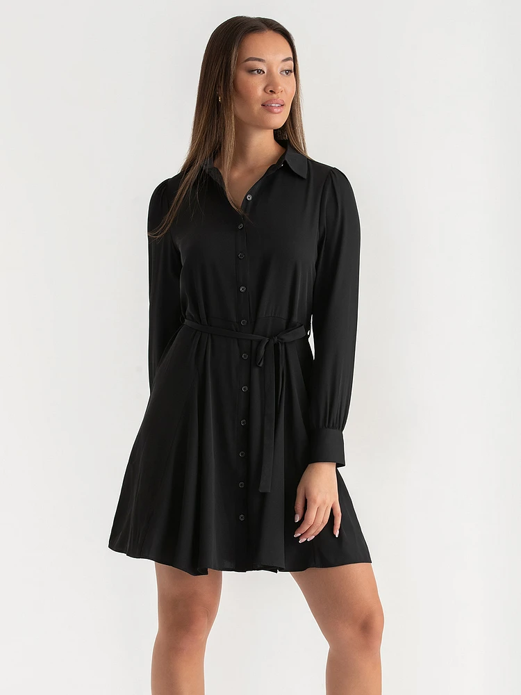 Collared Button-Front Dress with Tie Waist