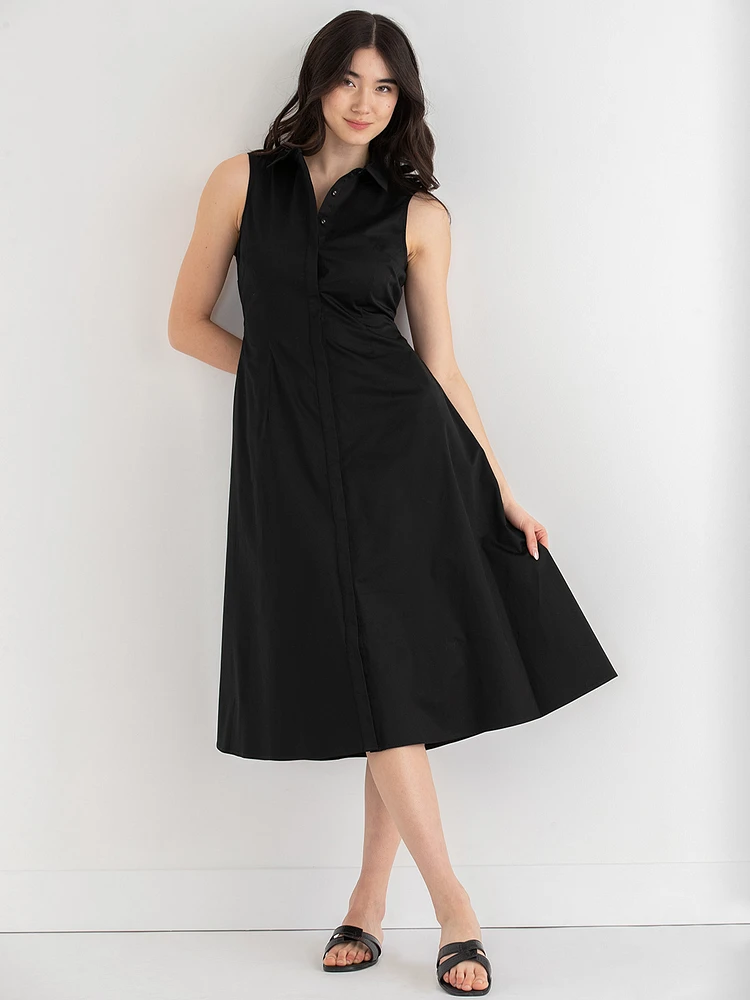 Sleeveless Midi Shirtdress with Back Cutout Luxe Poplin