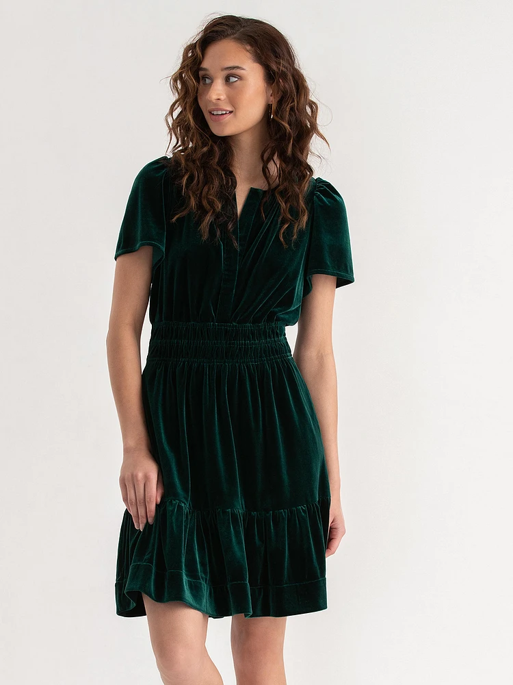 Tiered Flutter Sleeve Velvet Dress