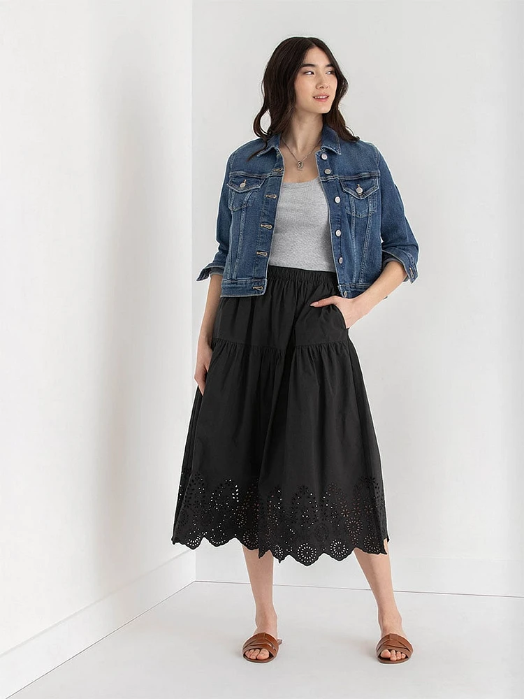 Midi Skirt with Eyelet Hem Detail