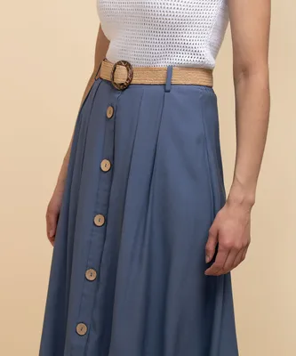 Textured Midi Skirt with Wood Buttons