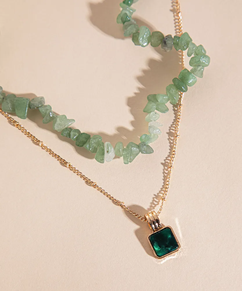 Layered Green Stone Necklace with Square Charm