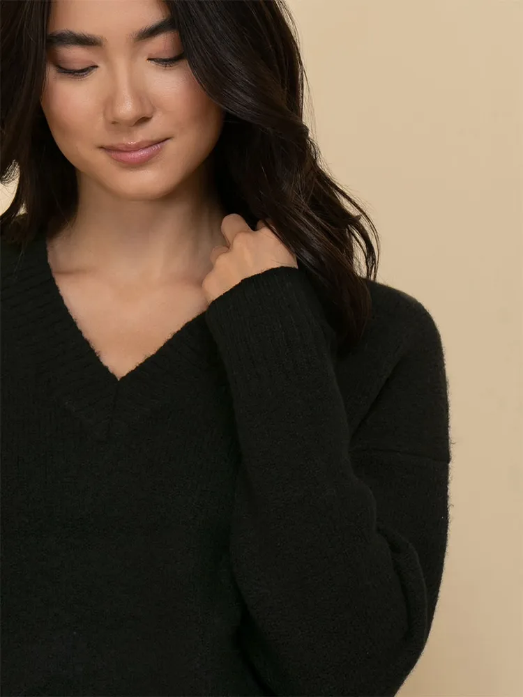 Relaxed Rib Trim V-Neck Sweater