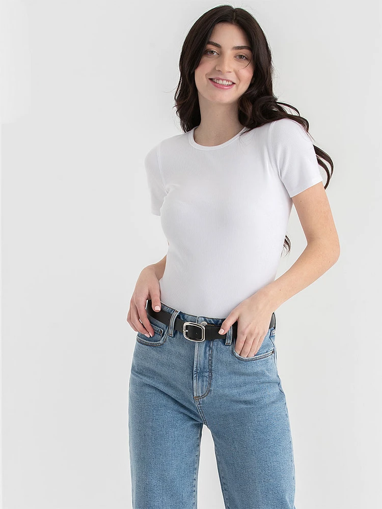 Short Sleeve Ribbed Crew Neck Top