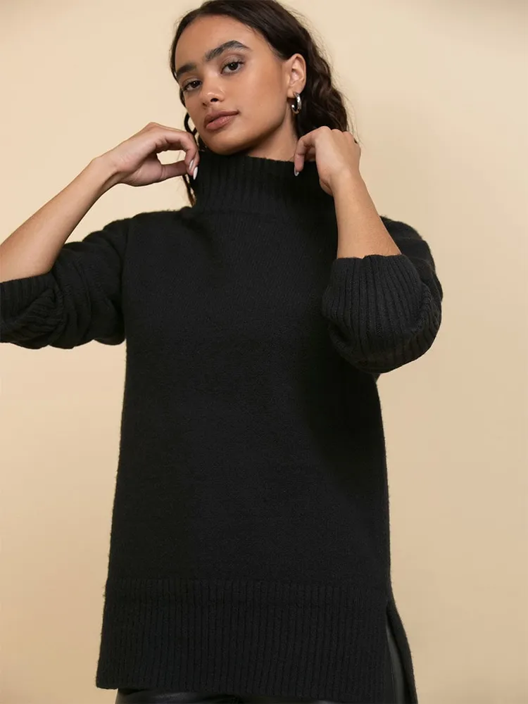 Wool-Blend Mock Neck Tunic Sweater