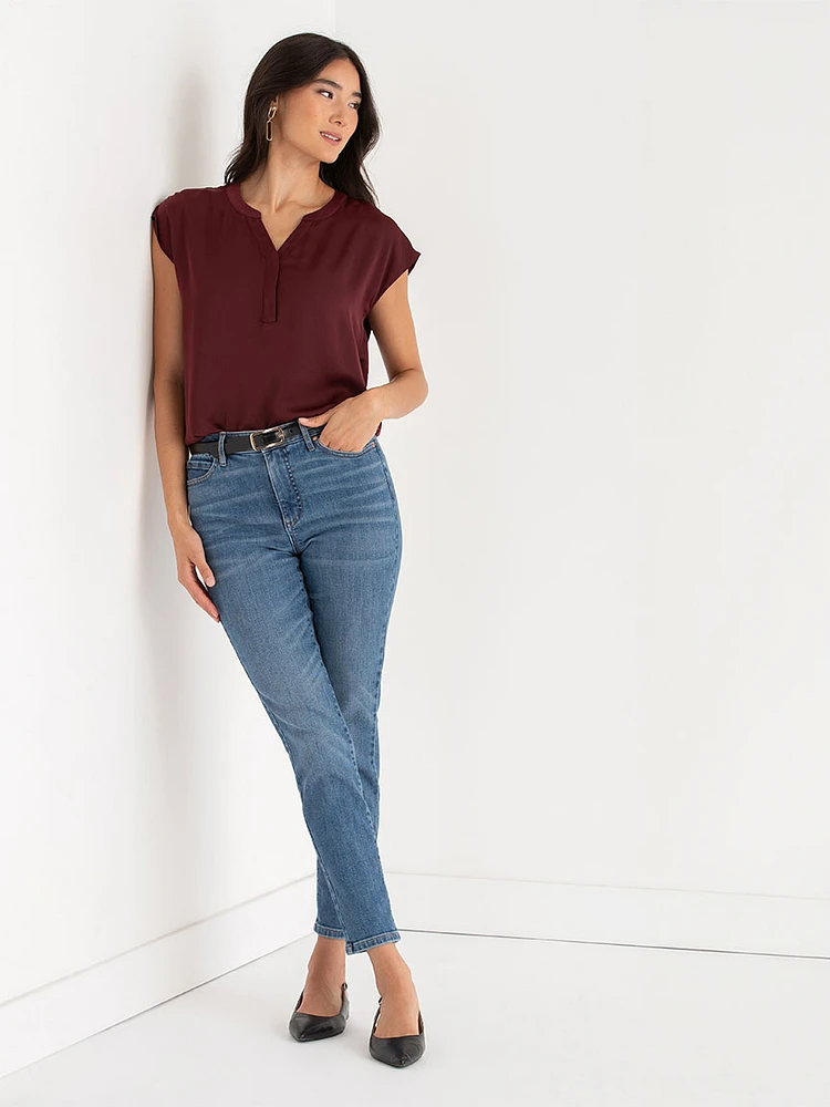 Linny Satin Extend Sleeve Henley Blouse