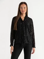 Pinstripe Sequin Blouse with Neck Tie