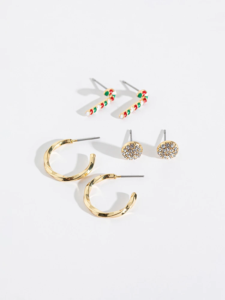 Hoops, Paved Stud & Candy Cane Earring Trio