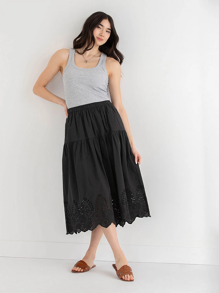 Midi Skirt with Eyelet Hem Detail