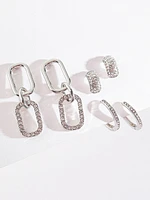 Silver Pave Paperclip + Hoop + Stud Earring Set