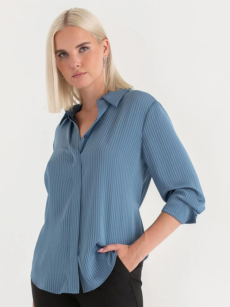 Striped Waist Tie Collared Blouse